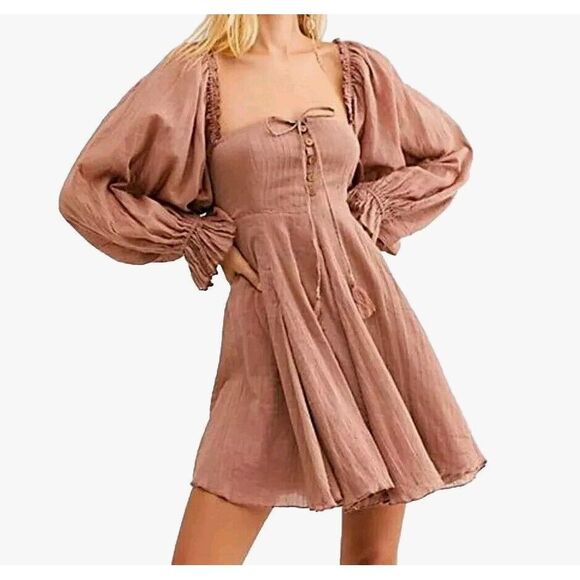Free People Flowy Dress Sz Large Balloon Sleeves Tassels Peasant Boho Chic‎ - Picture 1 of 8